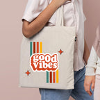 VVWV Tote Bag | 100% Organic Cotton Shopping | Grocery | Tote Bag Women Office College Grocery Vegetable Bags Market, Canvas Tote Bag 15kgs Capacity 13 x 15.7 Inch (Good Vibes)