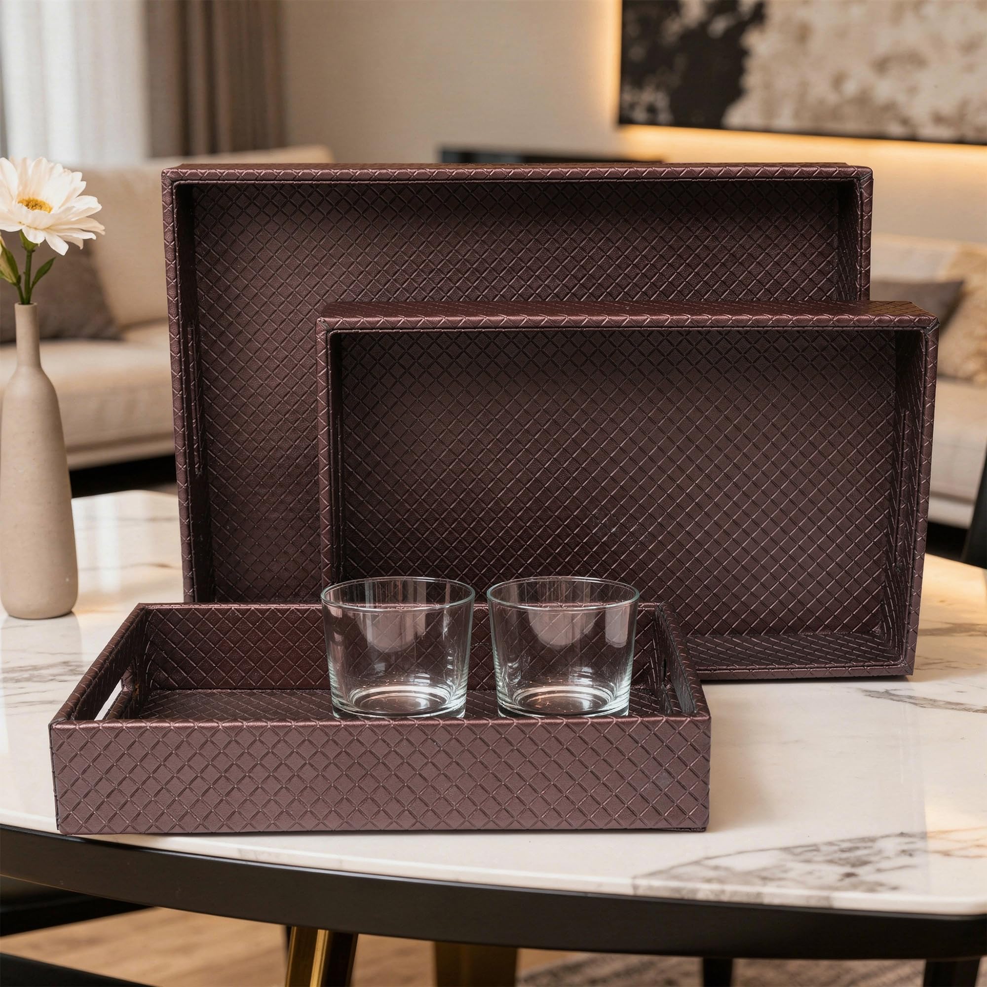 Encasa XO Serving Tray, Rectangular Faux Leather Table Organizer Copper