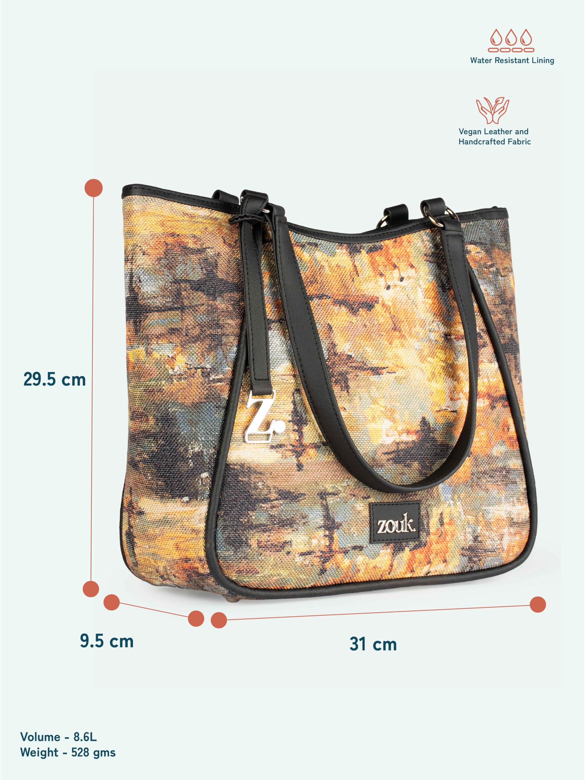 ZOUK Naisha Multicolor Abstract Tote Bag for Women | Vegan Leather Large Shoulder Handbag with Bottle Holder, Multiple Pockets & Water-Resistant Lining | Office, Travel & Daily Use | Bombay Tapestry