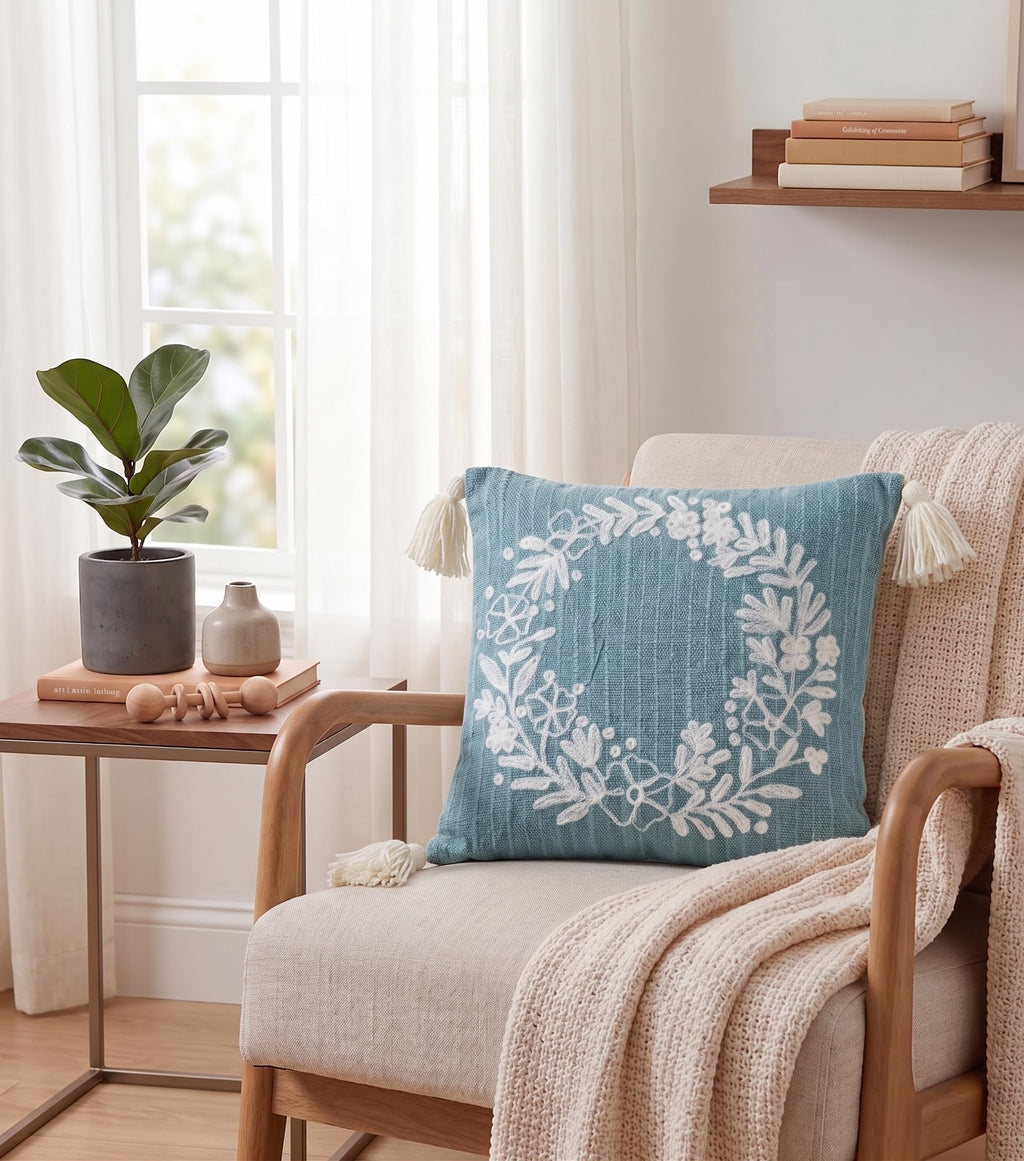 Furnistitchs Handmade Tufted Boho Cushion Covers 12x12 Inches | Embroidered Sofa Pillow Cases | Rustic Bohemian Decorative Throw Cushions for Couch Bedroom Living Room (2, Green Garland)