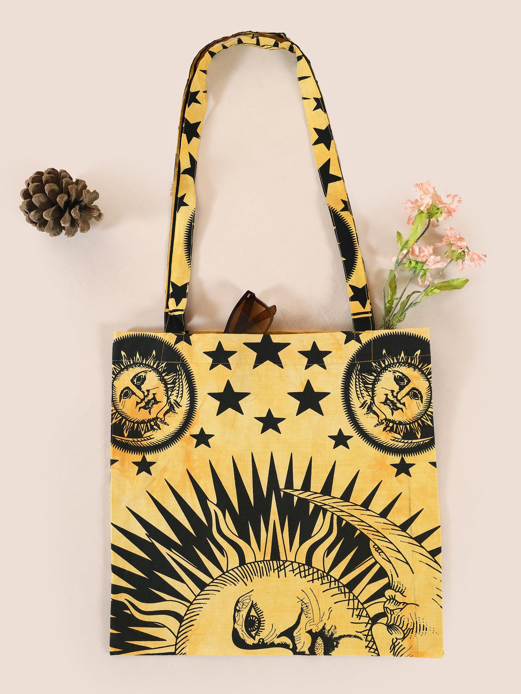 Ravaiyaa - Attitude is everything Cotton Shoulder Bag/Tote Bag For Women| Printed Multipurpose Handbag With Top Zip | Best For Shopping, Travel, Work, Beach, Office, College (Yellow Sun & Moon)