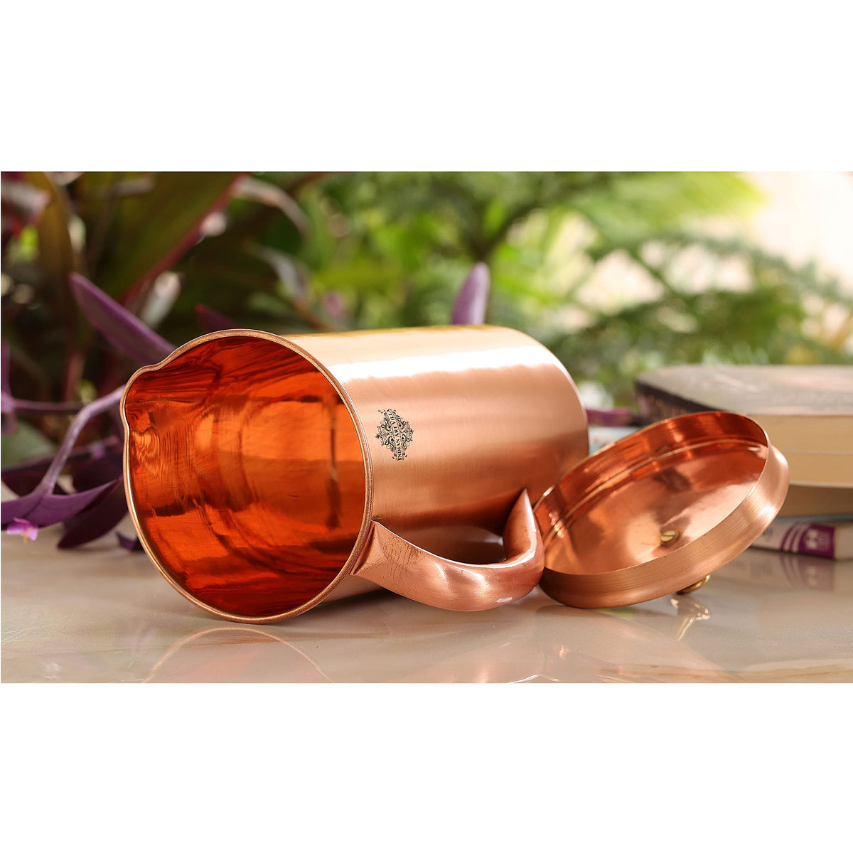 Indian Art Villa Plain Lacqure Coated Copper Jug Pitcher with Brass Knob, Storage & Serving Water, Yoga Ayurveda Healing, Volume- 1500 ML