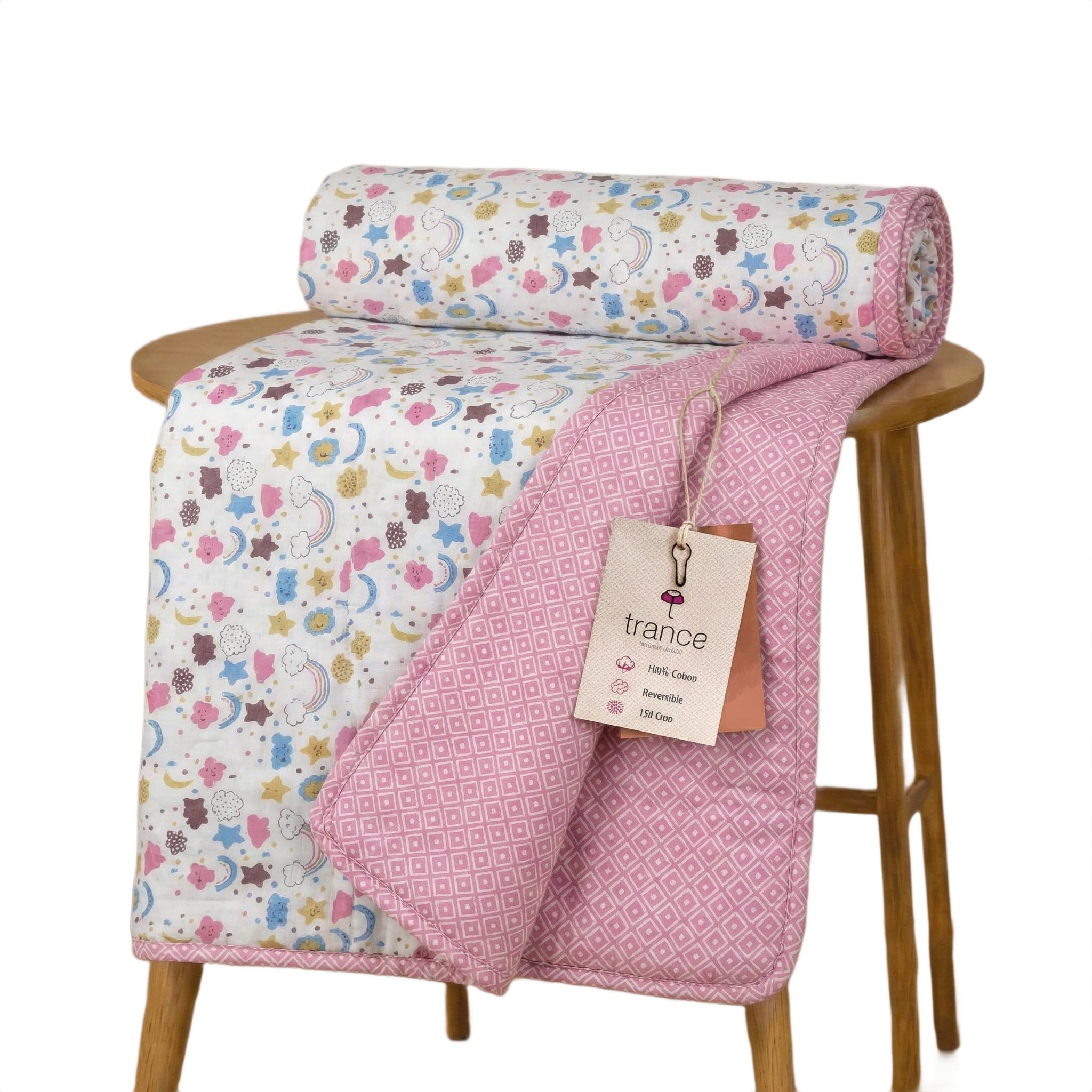 Trance Home Linen 100% Cotton | Kids Dohar | Double Bed | 150 GSM | Reversible Ac Comforter | Light Weight All Season Soft Blanket (84x88 Inches | Summer Dreams Pink) Kafalo