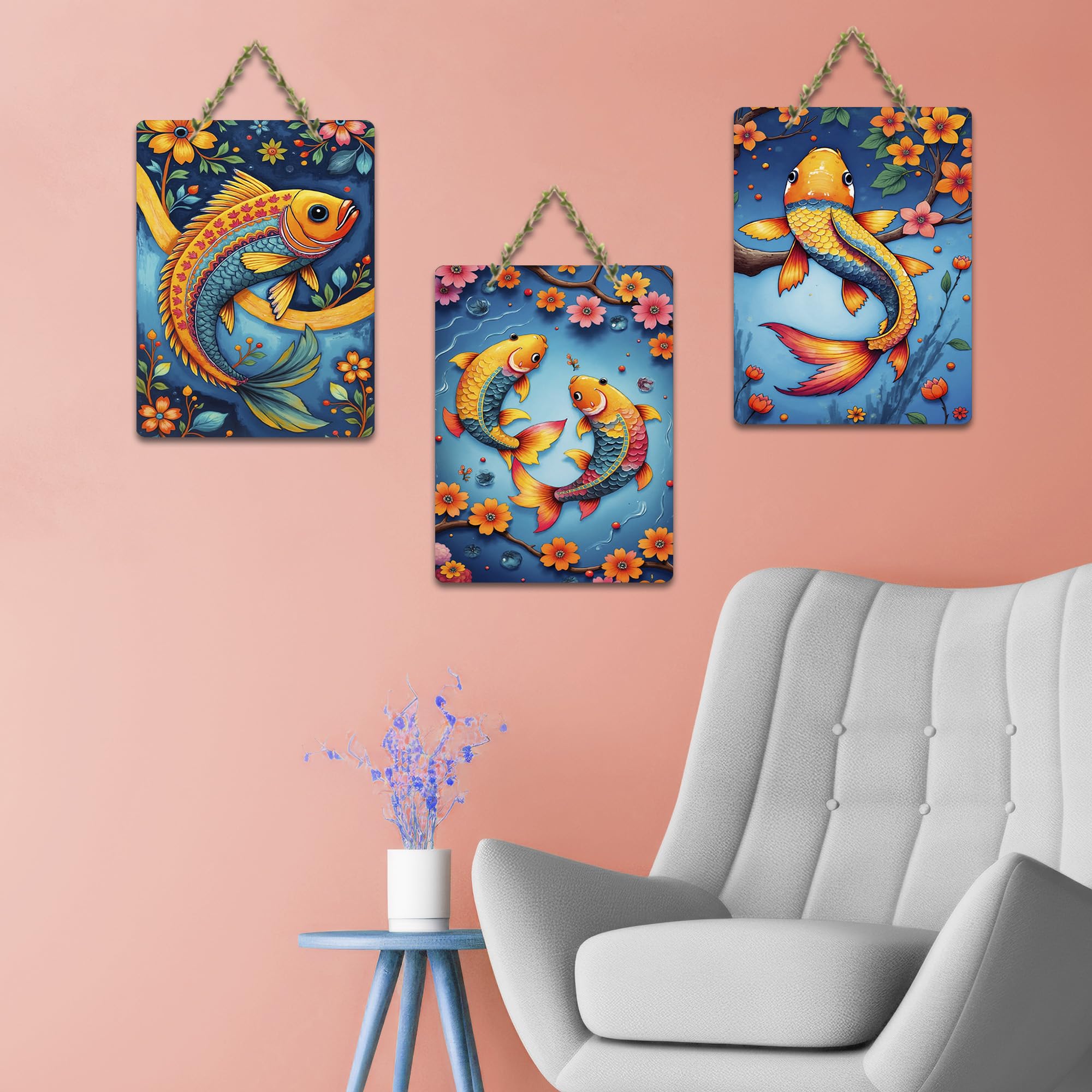 Artvibes Colorful Fish MDF Wood Wall Hanger Ornaments | Art For Wall | Modern Art Paintings | Wall Poster | Graphic Art | Gift Items | Office Wall Decoration Items (WH_9667N), Set of 3