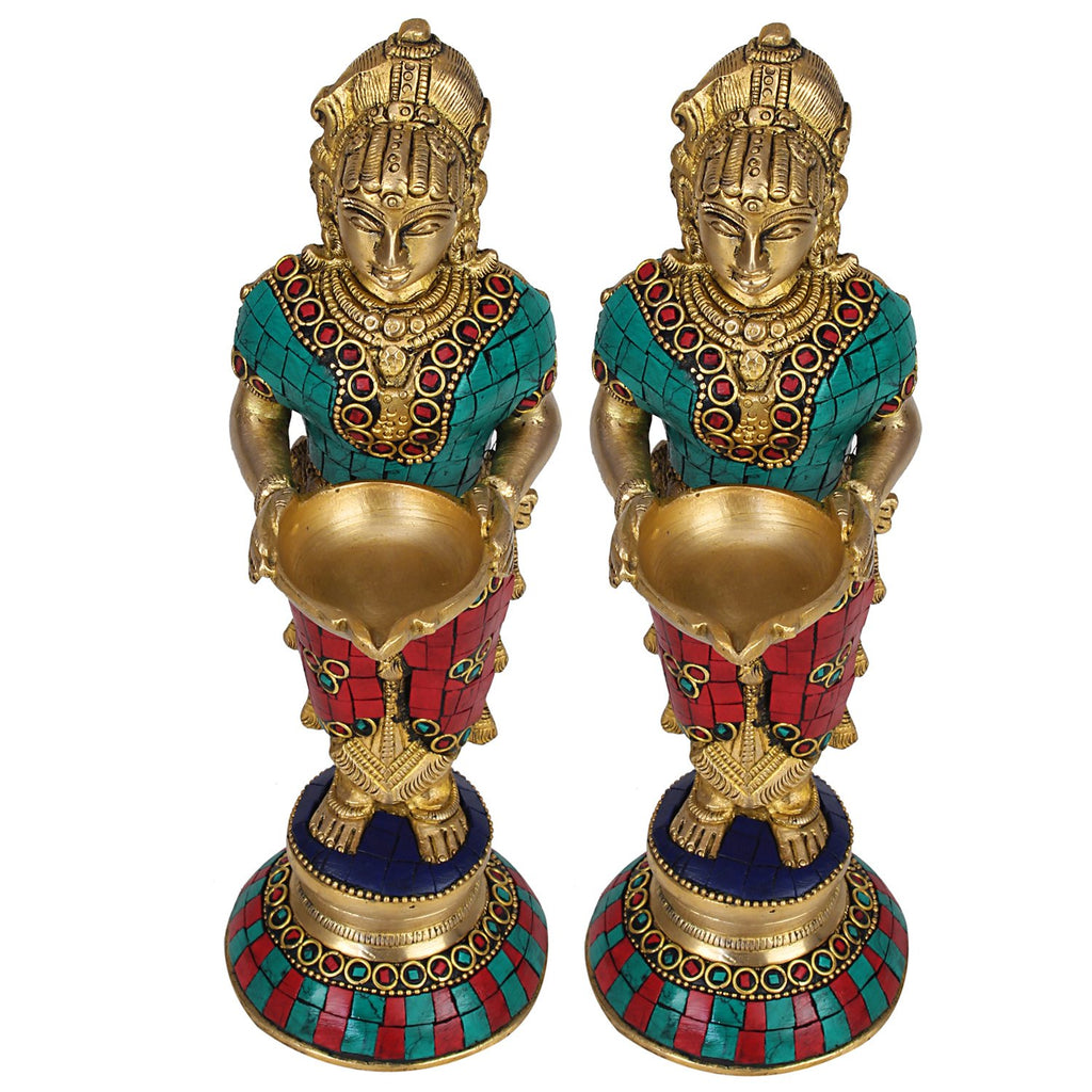 Artvarko Brass Deep Laxmi Pair (Set of Two) Deeplaxmi Devi Meenakshi Diya Lady Holding Oil Lamp Diwali Gift Multicolor 9 Inch