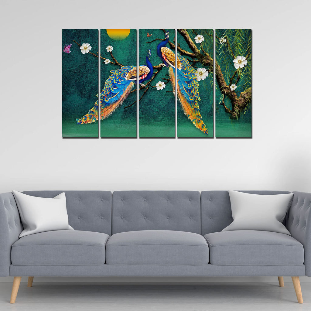 VIBECRAFTS Beautiful Pair of Peacock 5 Pieces Canvas Wall Painting For Home | Office | Living Room | Gift (PTVC5Pcs4_8528)