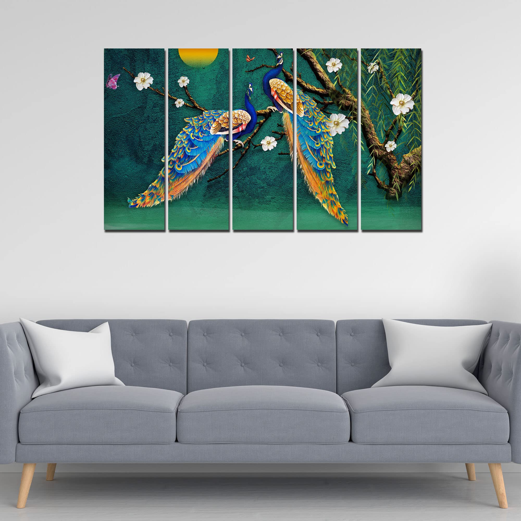 VIBECRAFTS Beautiful Pair of Peacock 5 Pieces Canvas Wall Painting For Home | Office | Living Room | Gift (PTVC5Pcs4_8528)