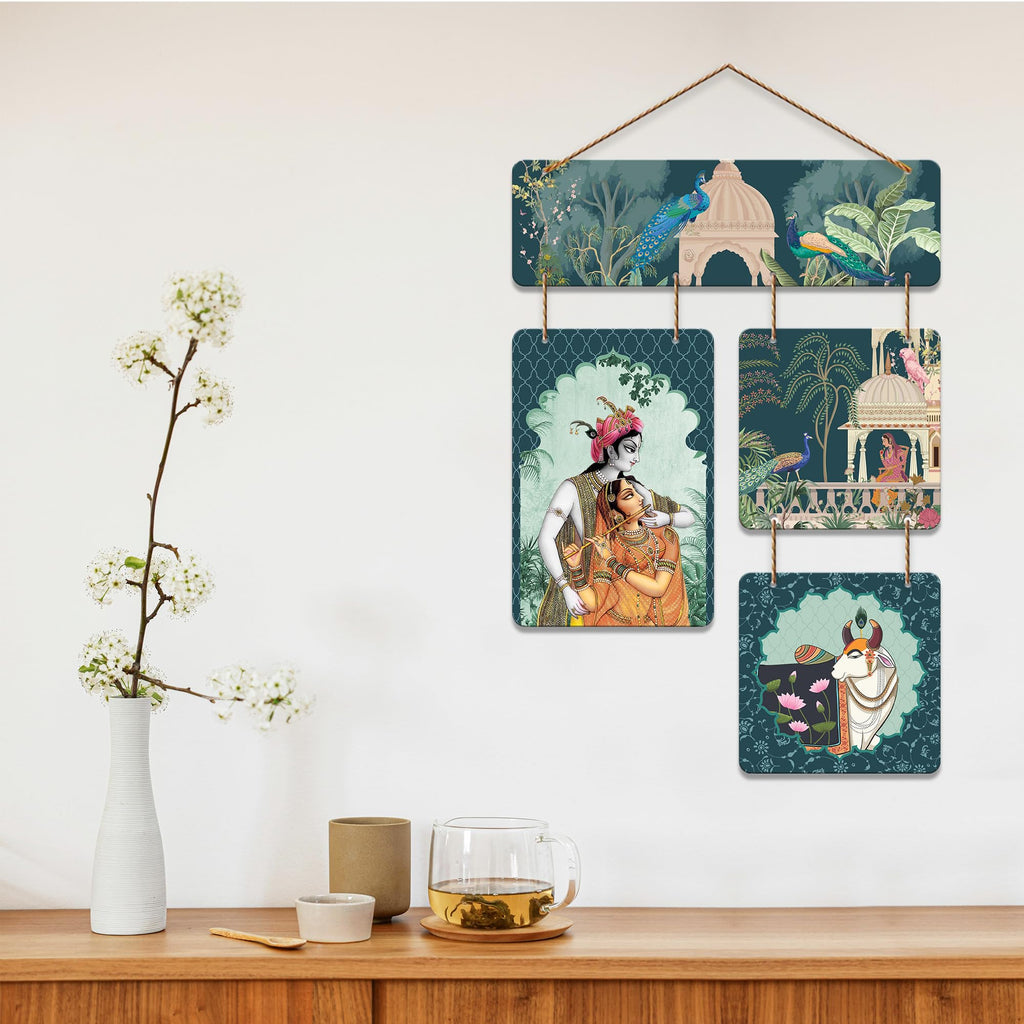 Artvibes Indian Devotional Pichwai Art Shri Radha & Krishna Wooden Wall Hanger for Home | Spiritual Decor Items | Wall Poster | Artwork| Stylish Modern Decor Item | Gift Items (WH_6532N)