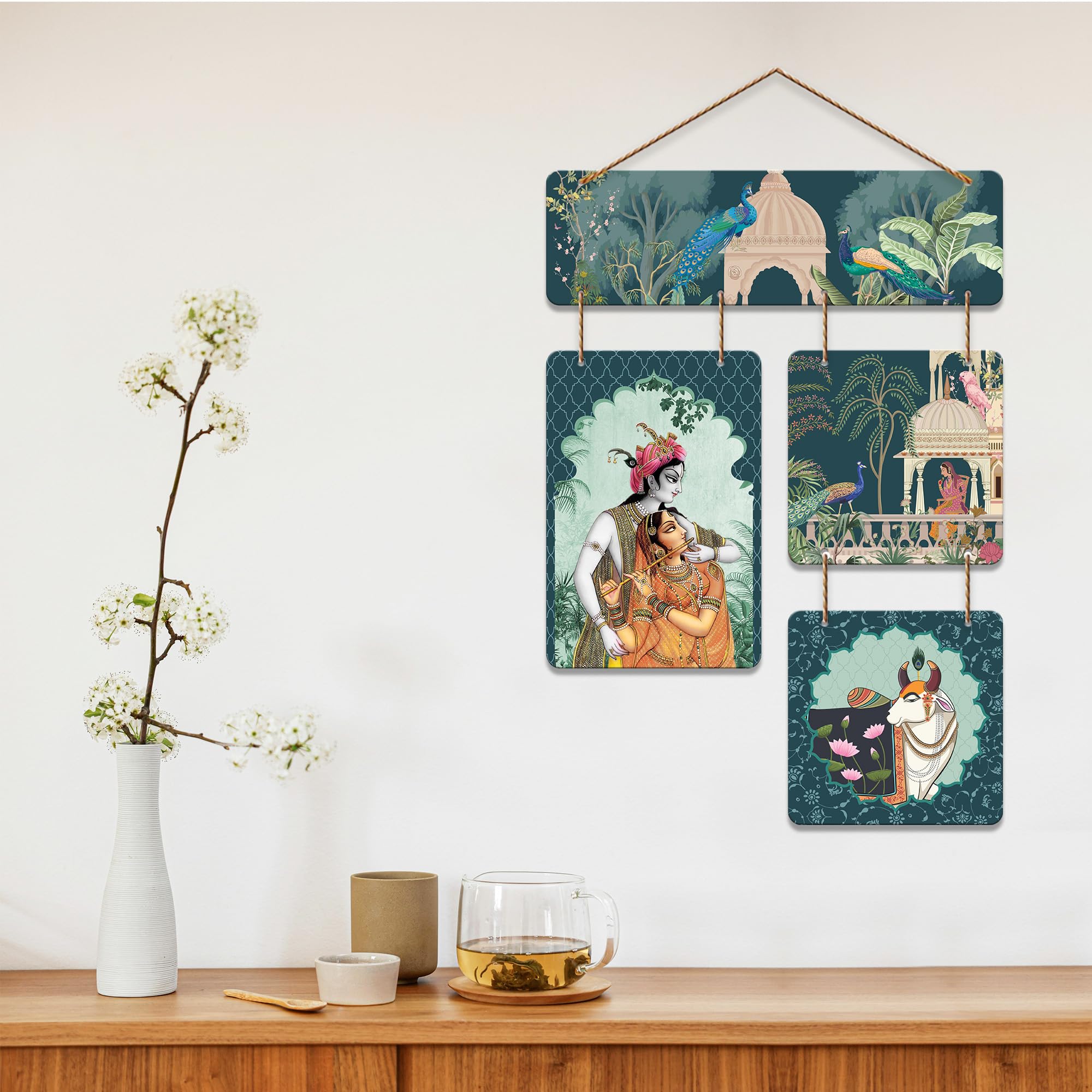 Artvibes Indian Devotional Pichwai Art Shri Radha & Krishna Wooden Wall Hanger for Home | Spiritual Decor Items | Wall Poster | Artwork| Stylish Modern Decor Item | Gift Items (WH_6532N)