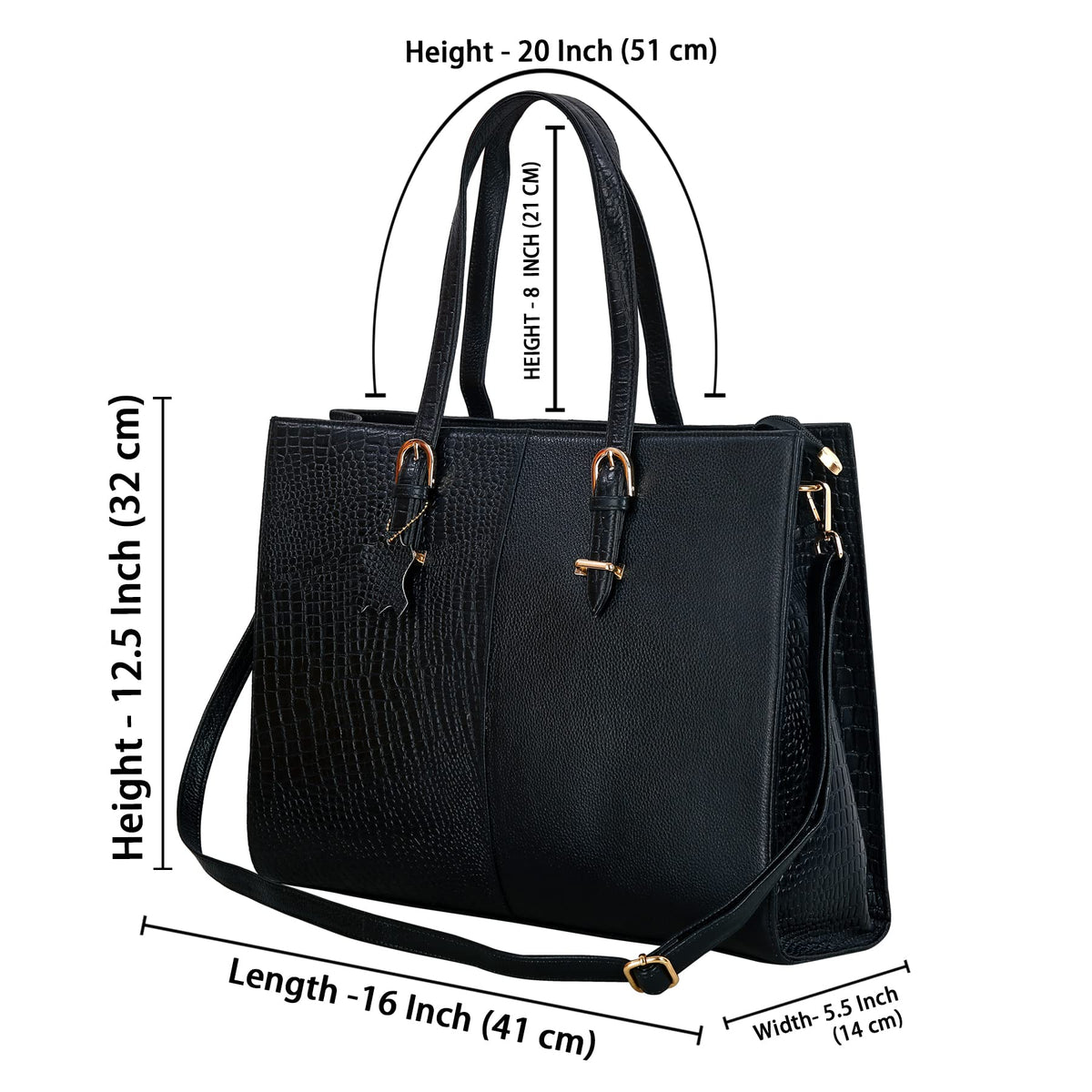 RICHSIGN LEATHER ACCESSORIES Full-Grain Natural Cro Leather Ladies Handbags & Sling Shoulder Tote Bags For Women Laptop Big Size Branded Stylish..Size- L-16 X H-12.5 x W- 5.5 Inches (BLACK)
