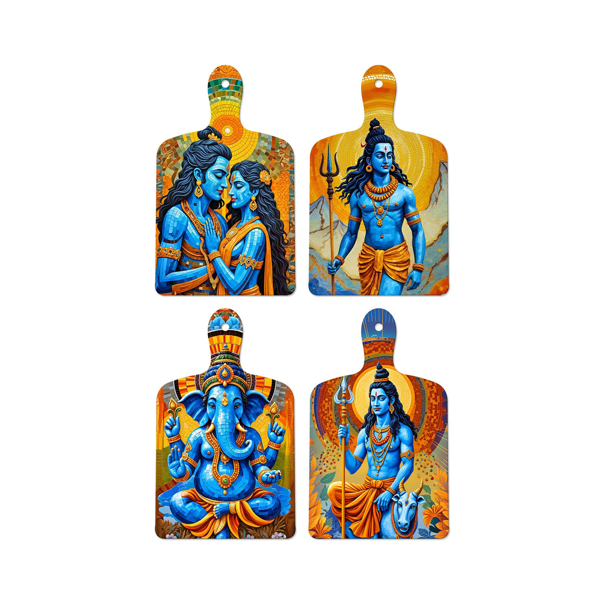 Artvibes Lord Shiva Maa Parvati & Ganesh Devotional Art Auspicious Wooden Art Work Wall Hanging | Spiritual Decor Items | Vastu Paintings | Wall Illustrations | Gift Items (WH_5661N), Set of 4