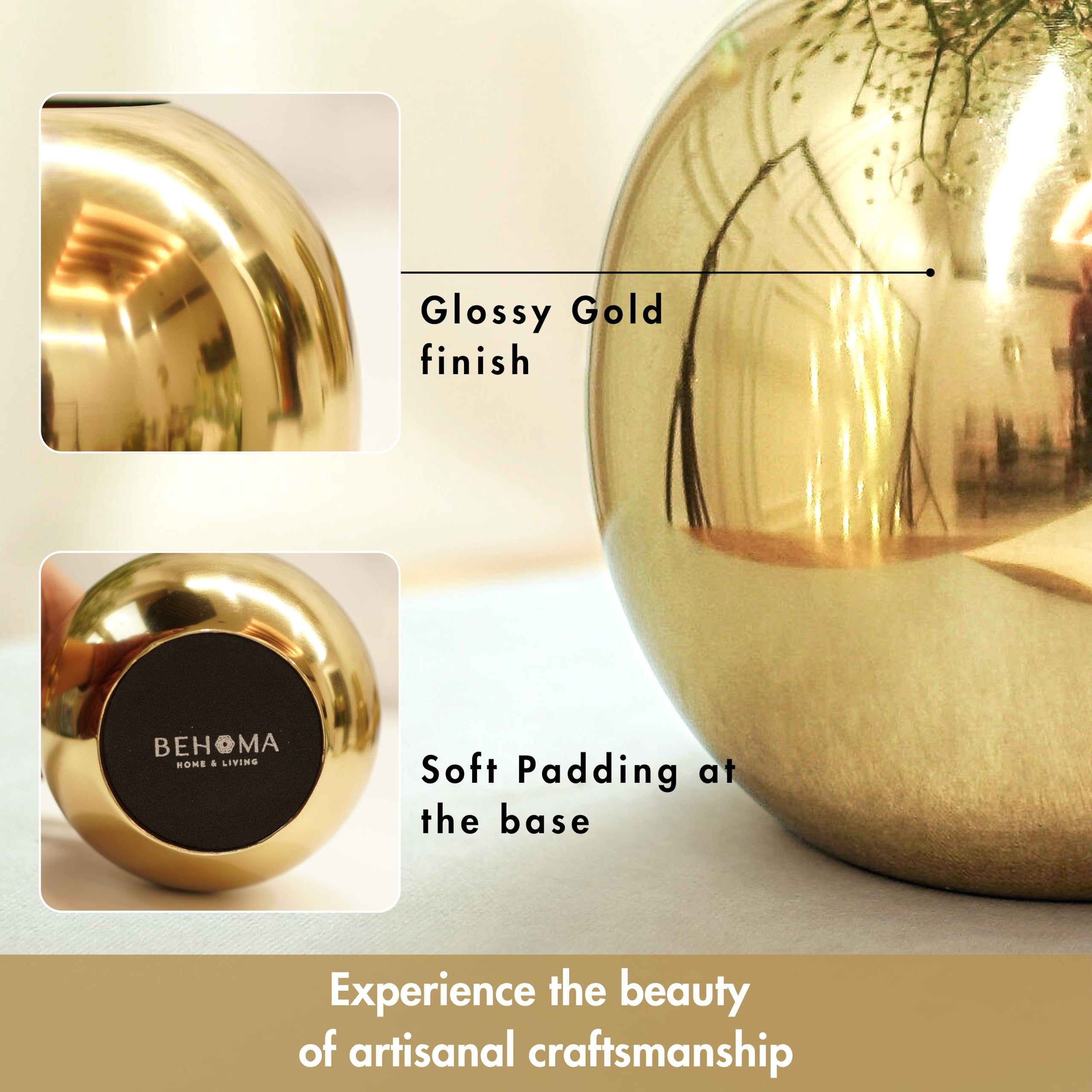 BEHOMA Metal Ball Round Metal Vase Set, Gold - Set of 2