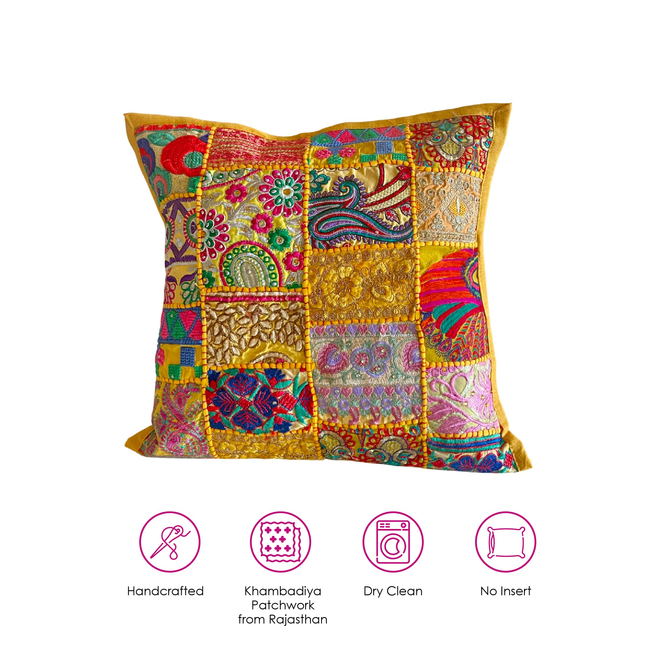 ATRANGI STUDIO Patchwork Cushion Covers - Set of 2 | Handcrafted Khambadiya Patchwork | Rajasthani Art Pillow Cover | Ethnic Cushion Covers for Sofa, Bed & Home Decor | 16x16 Inch, Yellow