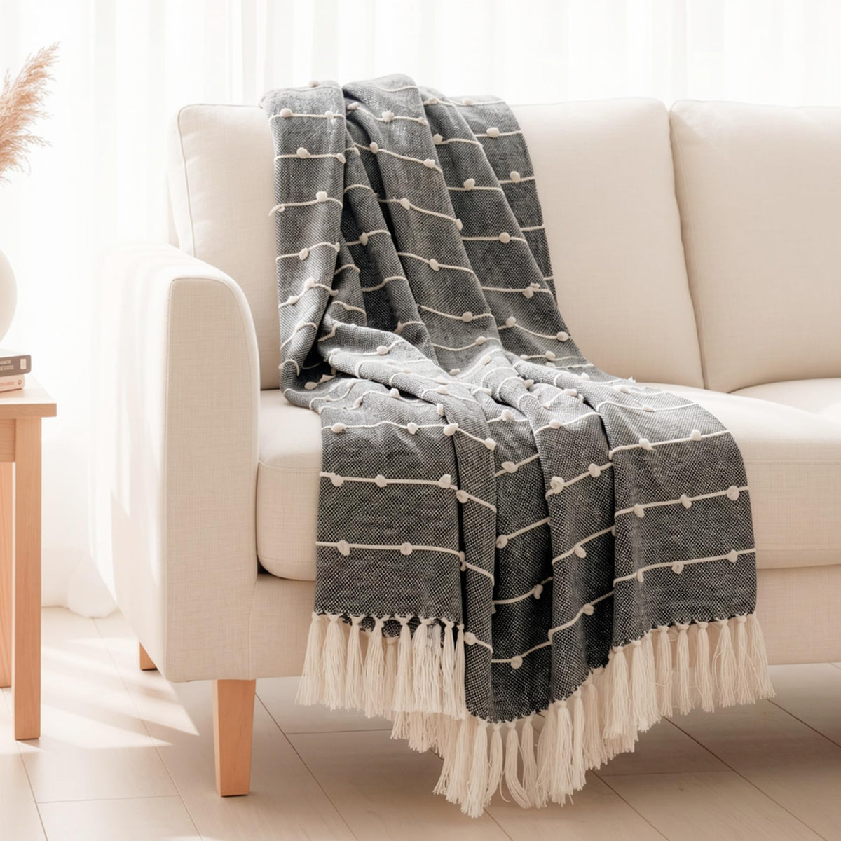 SAJAVAT HOME Hand Crafted Cotton Throw Blanket | Black & Beige All-Season for Sofa, Couch & Bed | Soft Lightweight Knitted Design with Tassels | 80×52 Inches (204×132 cm) Kafalo