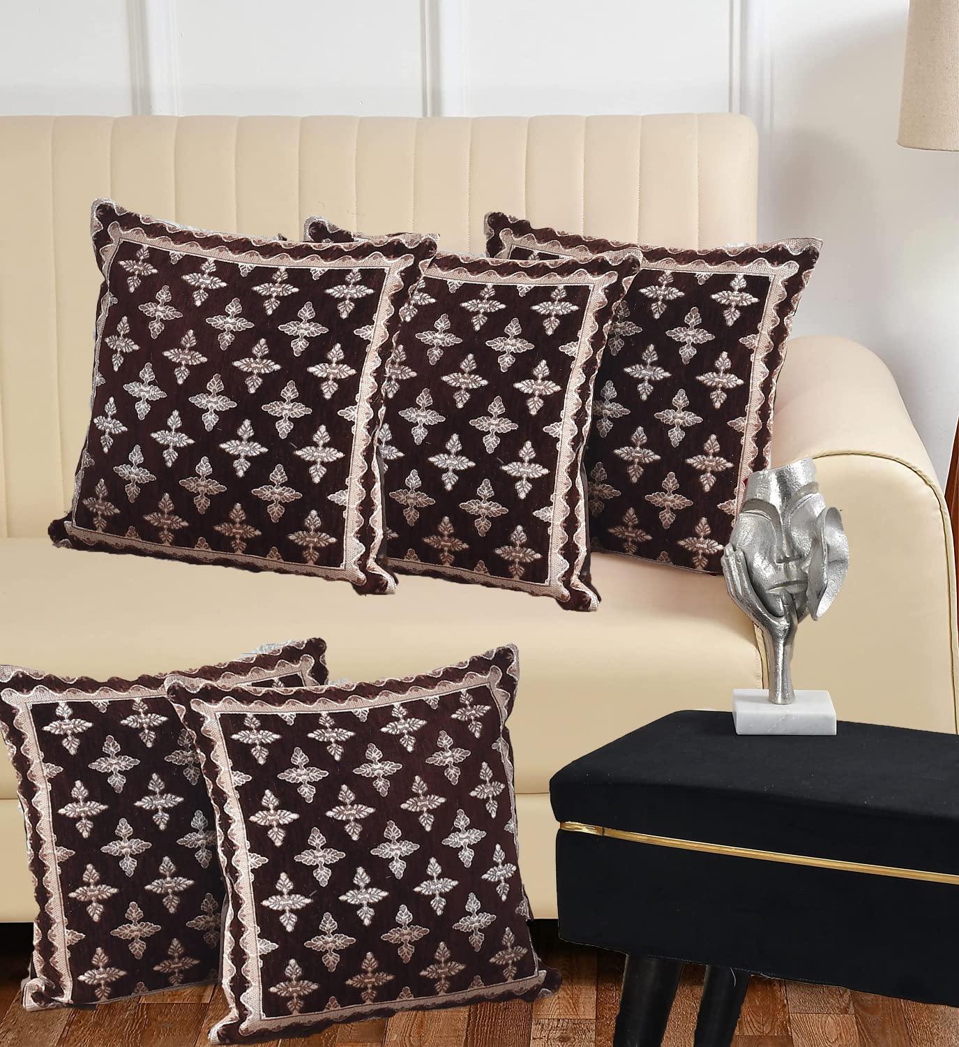 DECOMIZER Jacquard Geomteric Cushion Covers 16 Inch X 16 Inch Set Of 5 Ethnic Motifs 240 TC Cushion Covers,Design- Plus,Color- Coffee