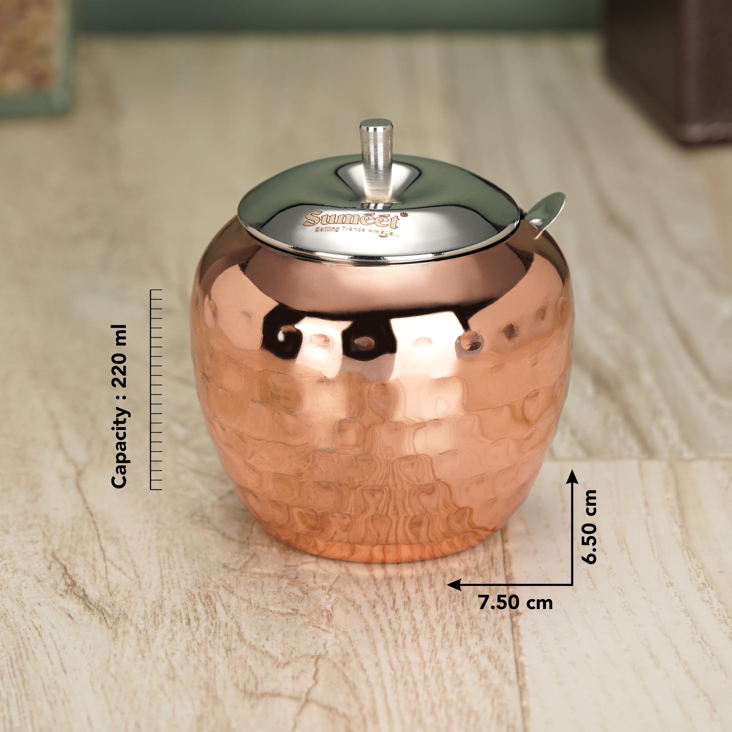 Sumeet Stainless Steel Copper Coated Handcrafted Hammered Ghee and Oil Pot, Storage Container with Spoon for Kitchen and Pooja, 7.5cm Dia, 220ML - Silver (Pack of 2)