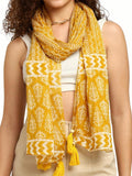 KE KANHA EXPORTS Scarf for Women Premium Cotton Boho | Dual Tone Border Print Stole with Tassels | Lightweight Summer Beach Wrap 180 x 50 cm (Mustard)