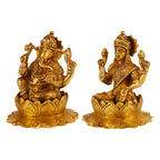 ARTVARKO Pure Brass Ganesha Laxmi Ganesh Lakshmi Bhagwan Idol Sitting on Lotus Ganpati Murti Statue 5 Inch