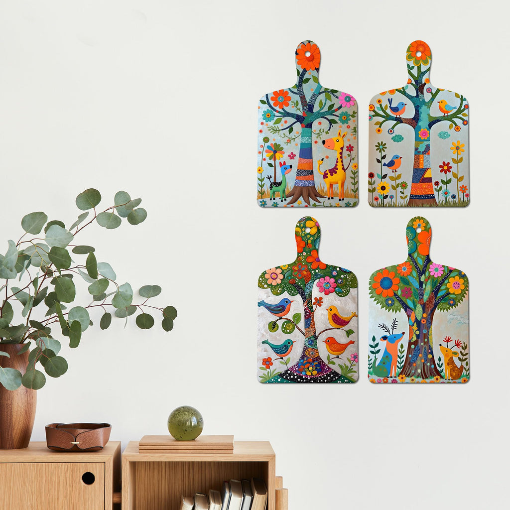 Artvibes Indian Folk Art Tree of Life Decorative Wall Art MDF Wooden Wall Hanger for Home | Printed Wall Decoration | Graphic Artwork | Wall Illustrations | Sceneries | Gift Items (WH_5656N), Set of 4