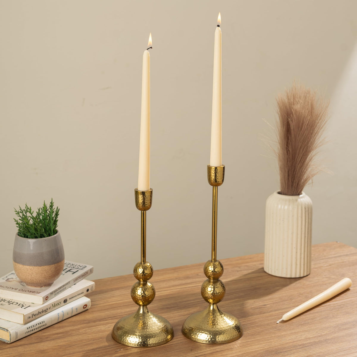 HomeShastra Suvarna Aluminium Candle Holders Set of 2 | Hammered Gold Finish | Decorative Candle Stand for Home Decor, Dining Table, Living Room & Festive Decoration | Perfect for Gifting