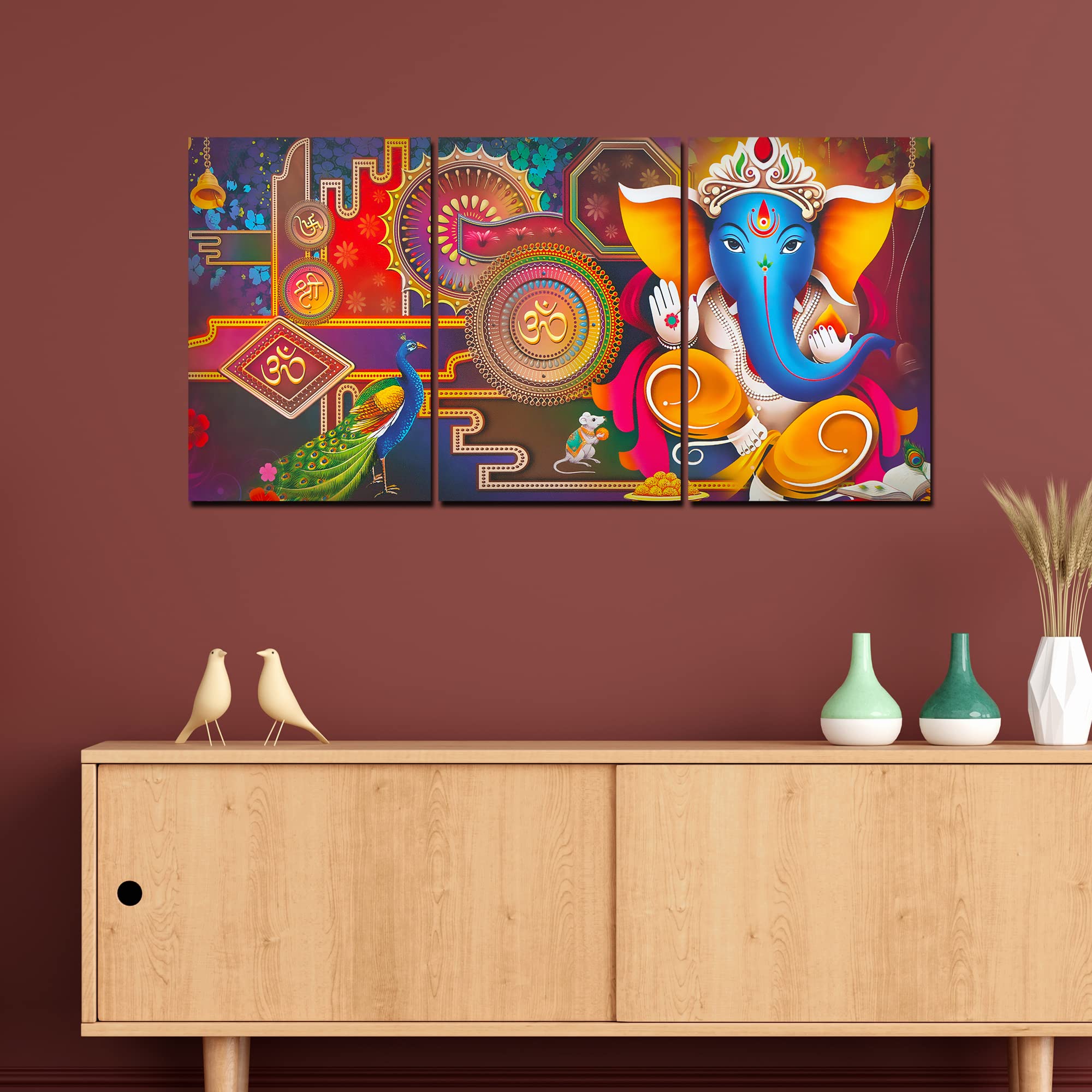 VIBECRAFTS 3 Pieces Spiritual Shree Ganesha Canvas Wall Painting Fitted With Wooden Frame For Home | Office | Living Room | Gifts(PTVC3Pcs3_11511)