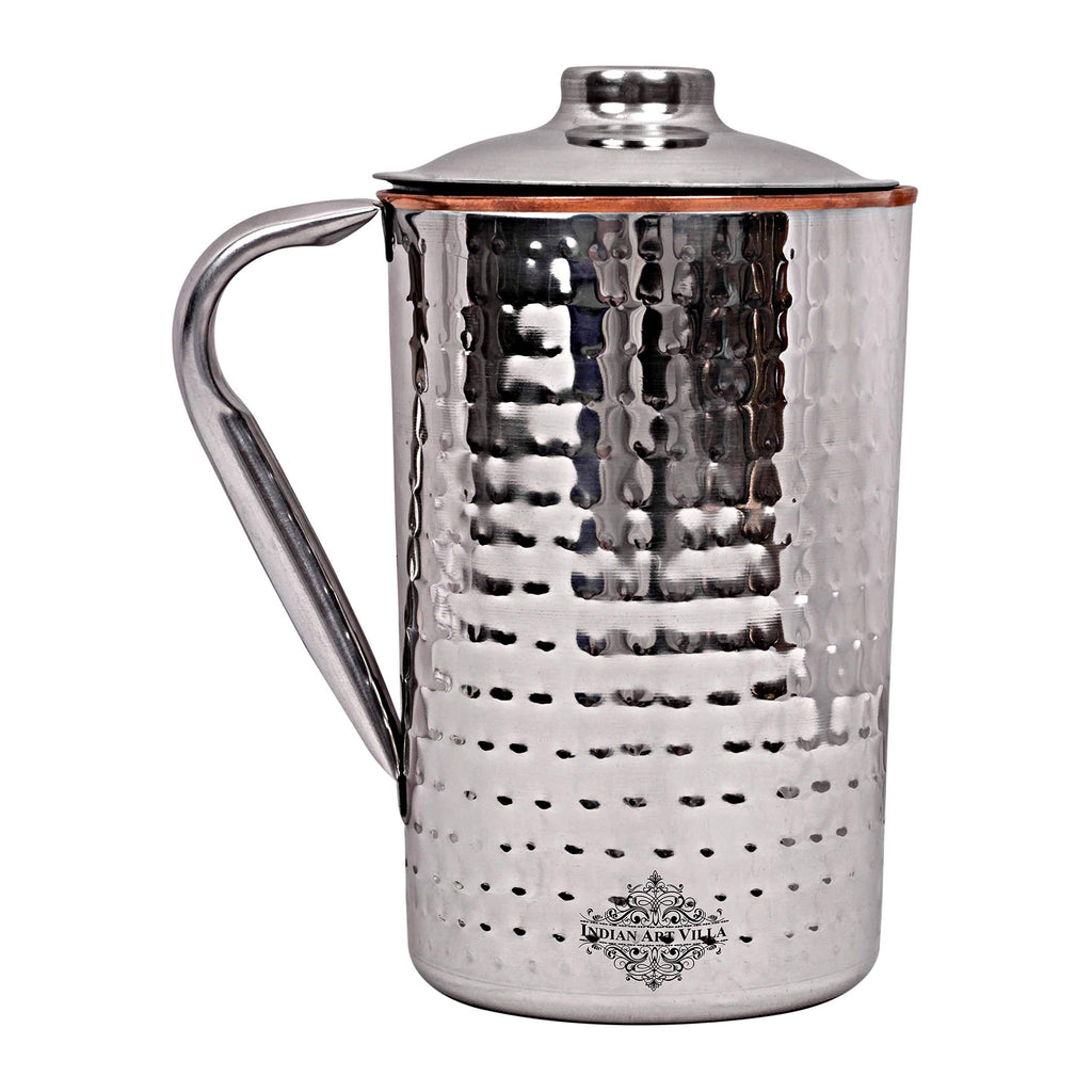 Indian Art Villa Steel Copper Hammered Design Jug Pitcher with Lid, Storage & Serving Water, Beneficial for Health, Volume-1500 ML