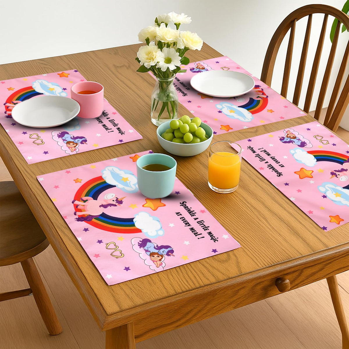 PRAKARTIK BY INDUARTS Dining Cloth Table Mats Set of 4 - Unicorn Girly Theme,Digital Print, Washable, Indoor/Outdoor, Heat-Proof, Water Resistant, Wipe & Clean (47X33 cm) Pink Kafalo