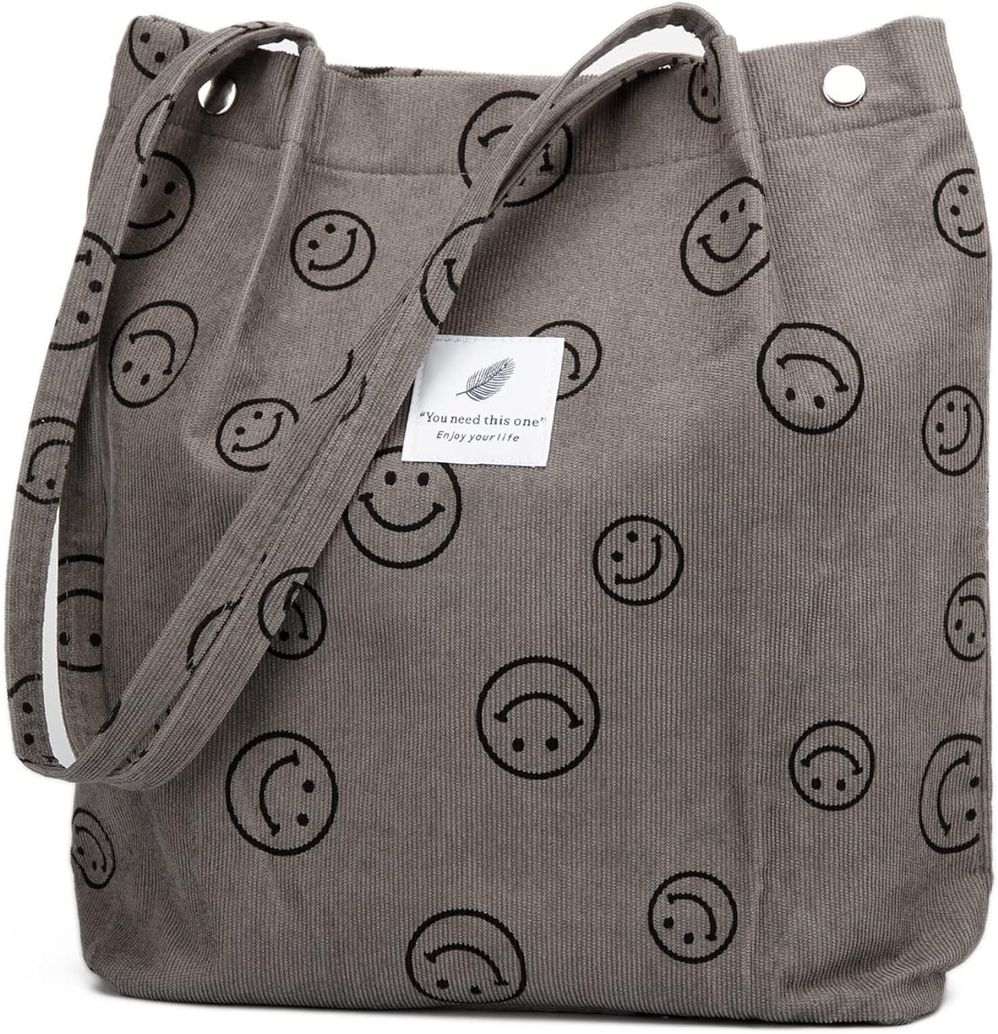 Street27 Womens Korean Canvas Corduroy Tote Bag Casual Work Shoulder Handbags|Multi-Purpose Bag |Sturdy Canvas Bag With Large Capacity|Shopping Bag For Office,College & Daily Use (Smiley Grey)