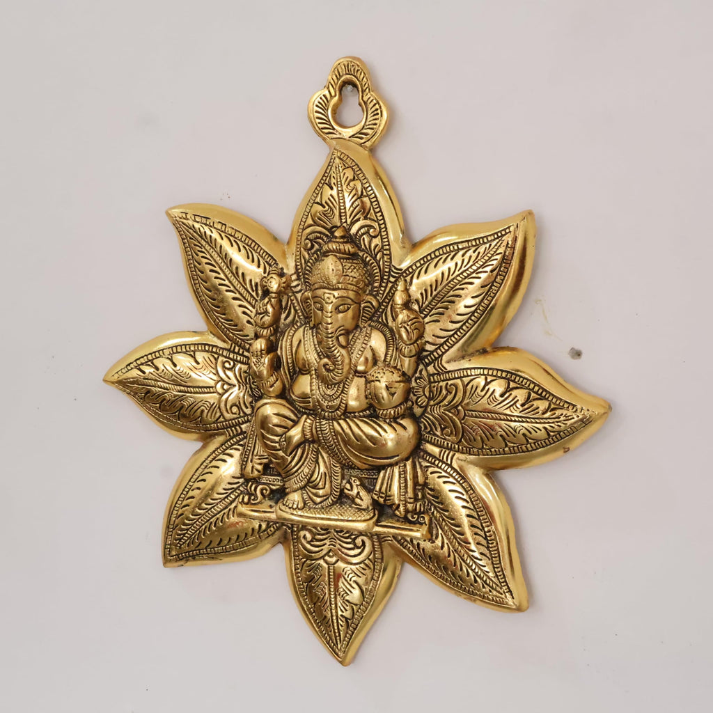 KridayKraft Metal Ganesha Wall Hanging, Golden Finish, Star Shaped Decorative, 30 cm Height, 26 cm Width, 550 GM