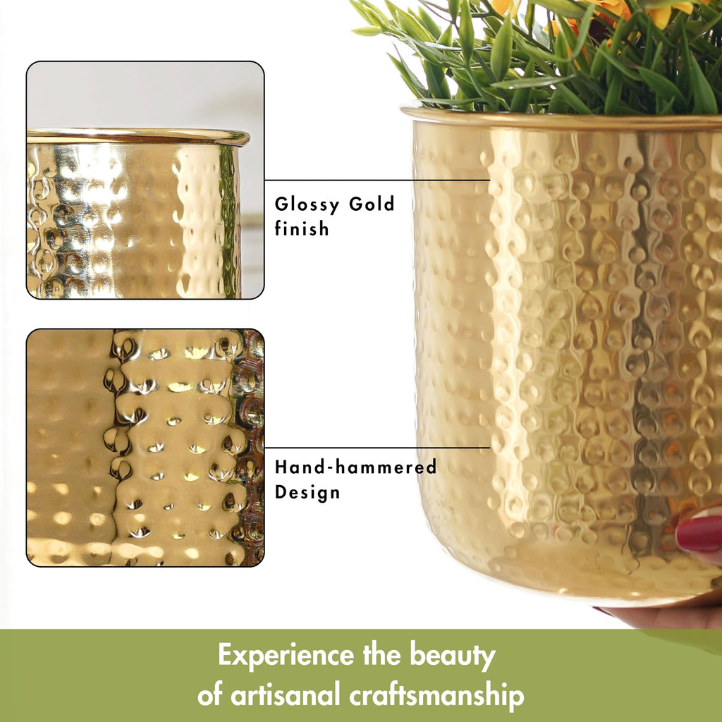 BEHOMA Hammered Metal Indoor Planter for Table, Gold - Pack of 2