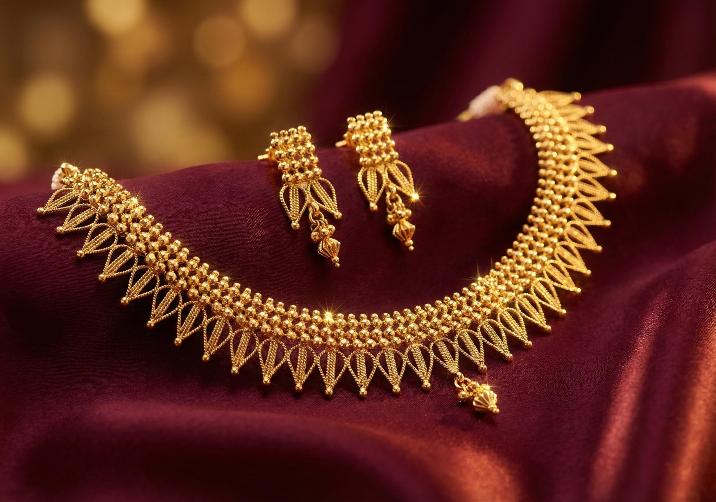 JFL - Jewellery for Less Traditional One Gram Gold Plated Necklace Set for Women | Design Handmade Mesh Pattern Necklace with Matching Drop Earrings | Ethnic Wedding, Bridal & Festive Jewellery