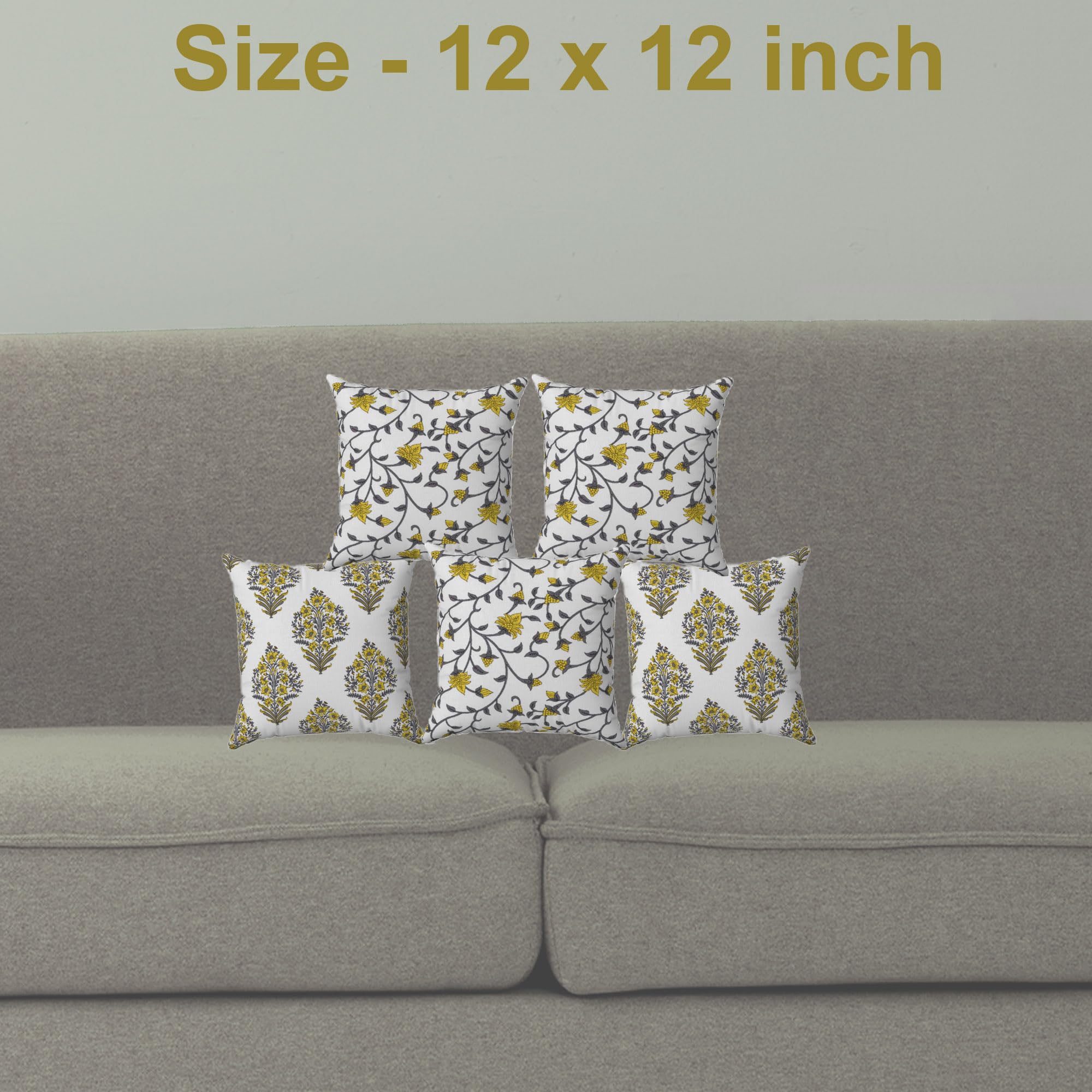 Trance Home Linen 100% Thick Cotton Printed 12x12 inch Cushion Covers for Sofa and Diwan | Throw Pillow/Small Cushion Pillow Covers (12x12 inch | 30cmx30cm, Madhuban & Jaal Yellow) – Set of 5
