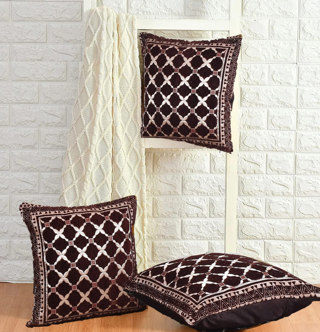DECOMIZER Jacquard Geomteric Cushion Covers 24 inch x 24 inch Set of 3 Ethnic Motifs Cushion Covers,Design- Criss-Cross,Color- Coffee-240 TC