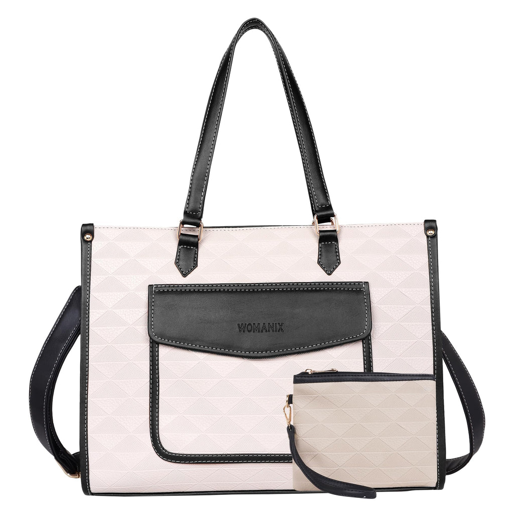 Womanix PU Laptop Tote Bags for Women with Front Pocket, Work Bag,15 inch tote for Women, Large Capacity Handbag for Office, School, Travel, Teacher Purse (Beige Black)