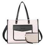 Womanix PU Laptop Tote Bags for Women with Front Pocket, Work Bag,15 inch tote for Women, Large Capacity Handbag for Office, School, Travel, Teacher Purse (Beige Black)