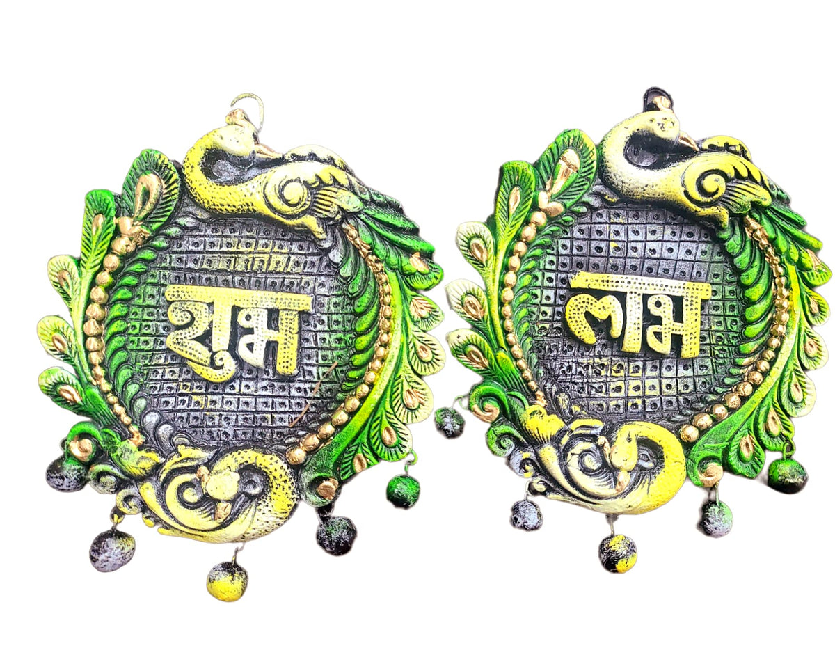 Paaroots Pack of 2Pc Terracotta Clay in Peacock Shape Wall Hangings Colorful Shubh Labh Hand Painted Eco Friendly for Diwali Home Decoration Mandir Temple Decor(17x16x1.5 cm) Clay Wall Hanging