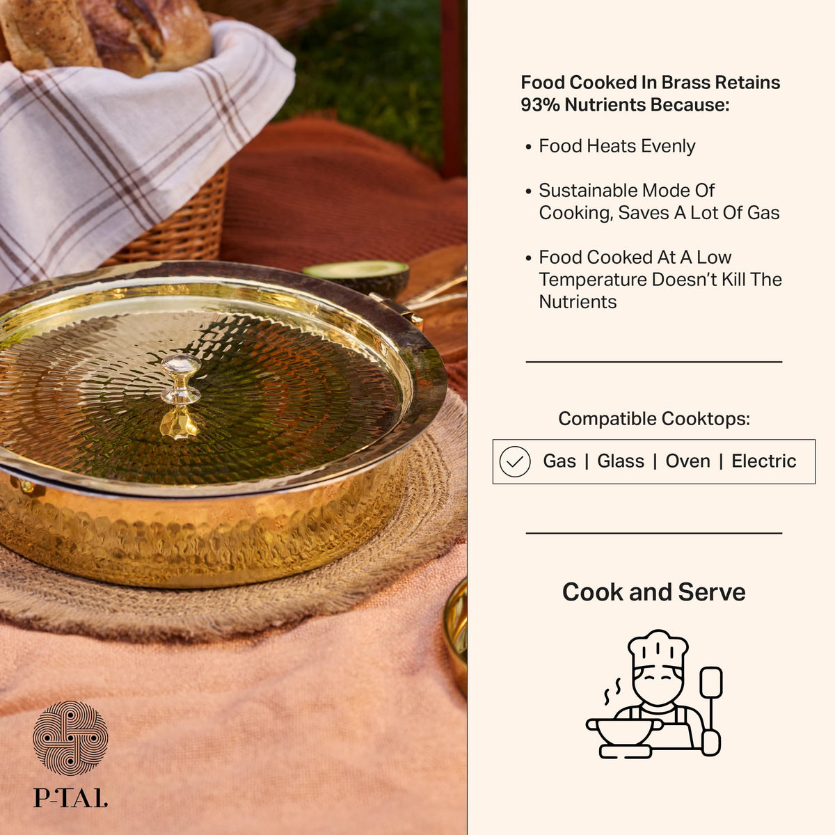 P•TAL Brass Lagan 6L, Tin Coated with Lid 100% Pure Brass Degchi for Cooking 3.2 kg Biryani Handi Ptal Utensils for Kitchen (Free 30ml Copper & Brass Cleaning Solution)