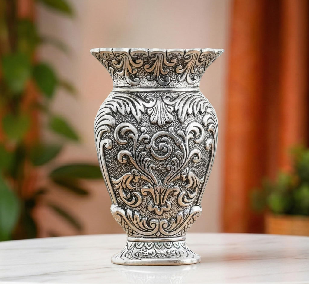 Kridaykraft Decorative Metal Vase, Antique Gold Finish, Baroque Floral Pattern, Traditional Ornate Design (Silver)