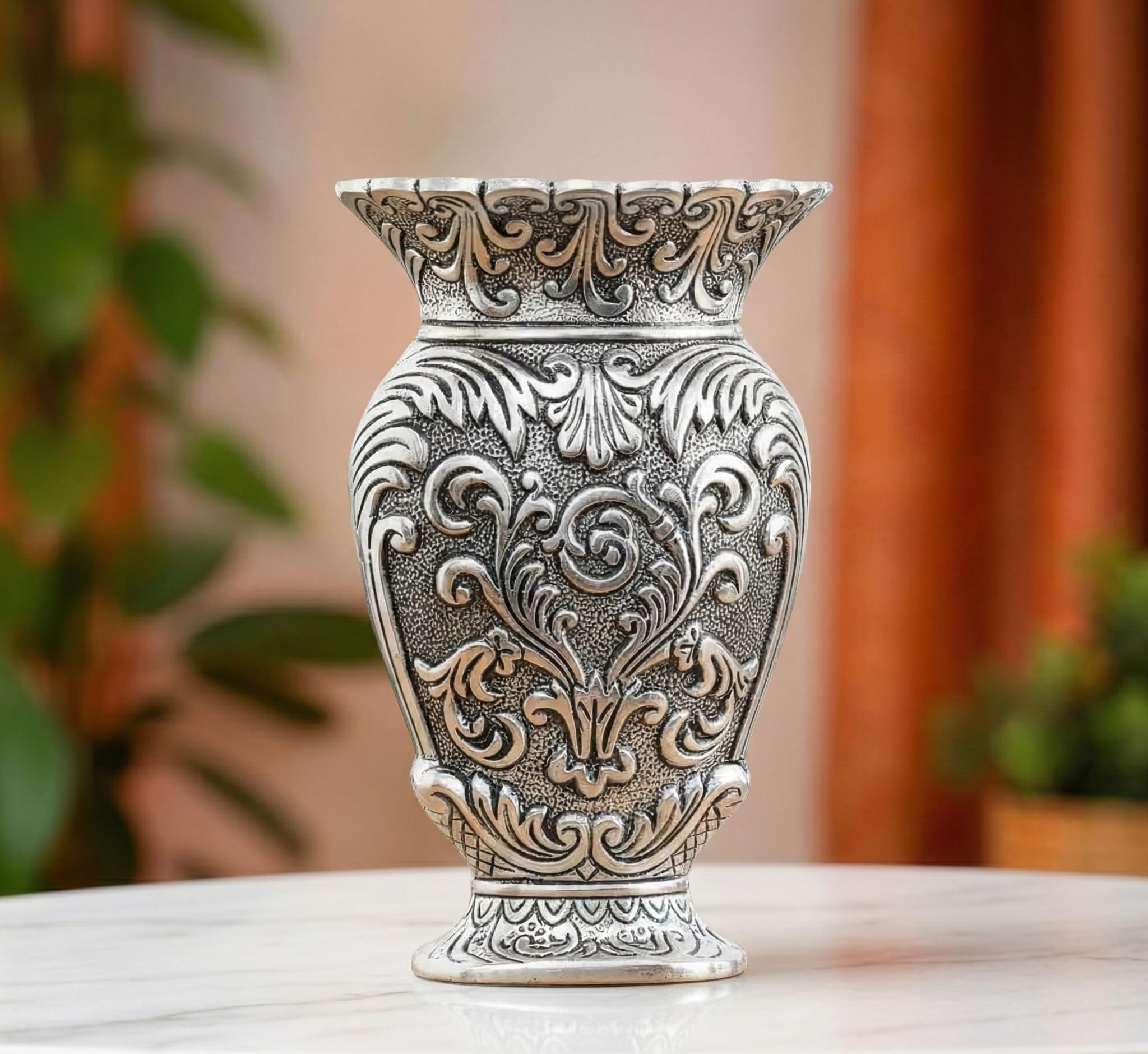 Kridaykraft Decorative Metal Vase, Antique Gold Finish, Baroque Floral Pattern, Traditional Ornate Design (Silver)