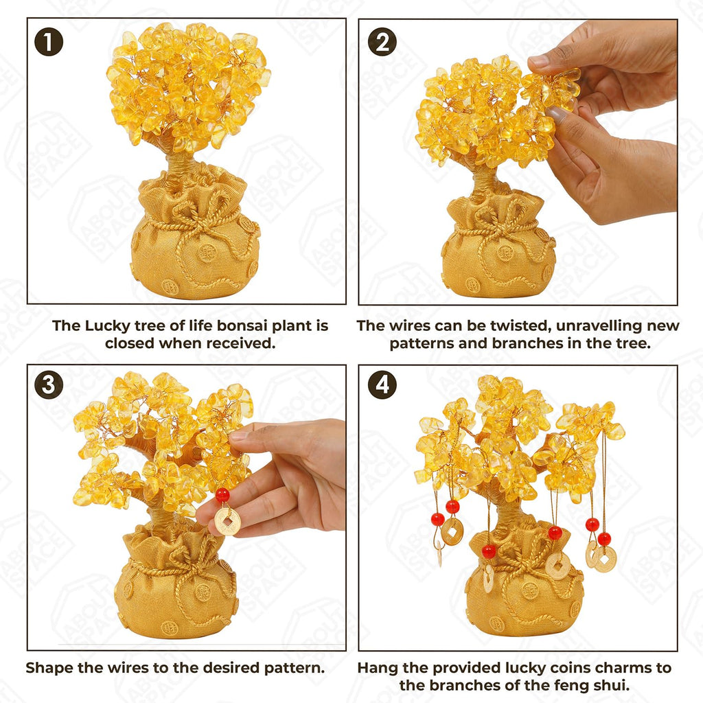 ABOUT SPACE Lucky Feng Shui Citrine Tree of Life Bonsai - Gold Crystal Ornaments with 6 Hanging Coin Charms for Health, Wealth and Happiness - Table Decor, Living Room, Office (7 x 3 inch)