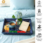 Swadeshi Blessings Wooden Serving Tray Set- Handcrafted & Hand-Painted for Kitchen/Table & Home Decor/Dinning/Gifts/Restaurants/Living Room/Coffee Table (Set of 3 Trays) (Blue)(Rectangular)