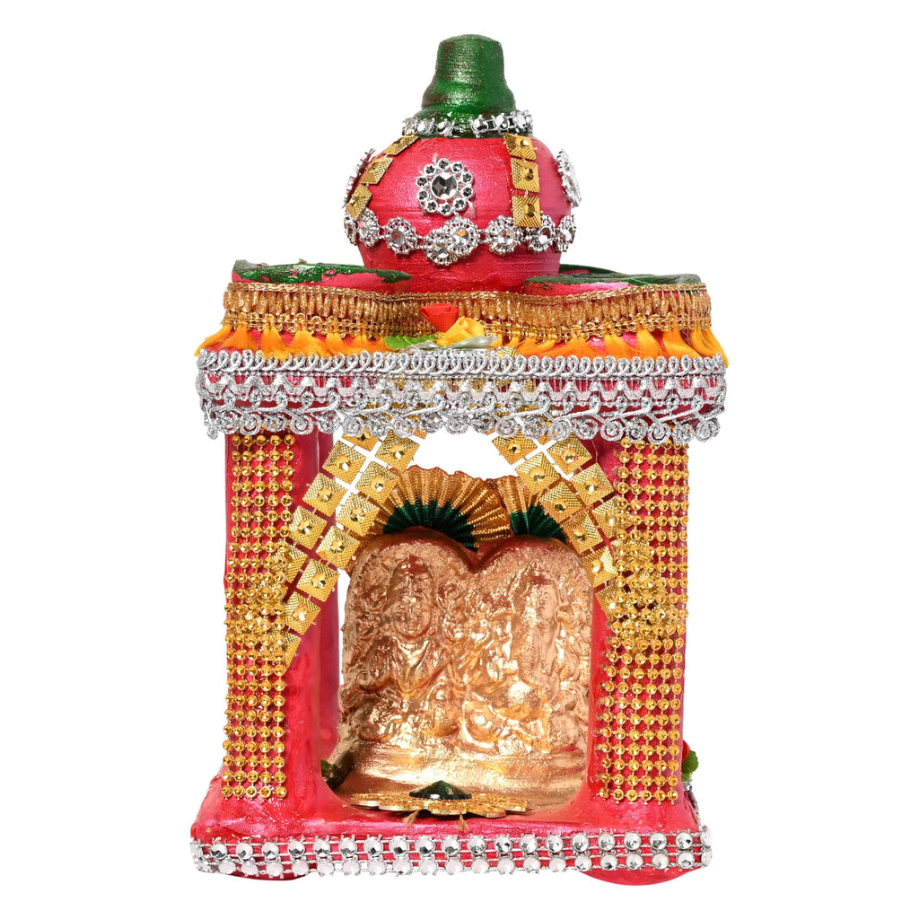 KSI Lakshmi Ganesh Temple for Diwali Puja with 4 Diyas on top, Made of Earthen Clay Lakshmi Ganesh Murti for Diwali Puja, 13 cm x 13 cm x 20 cm (LxWxH)