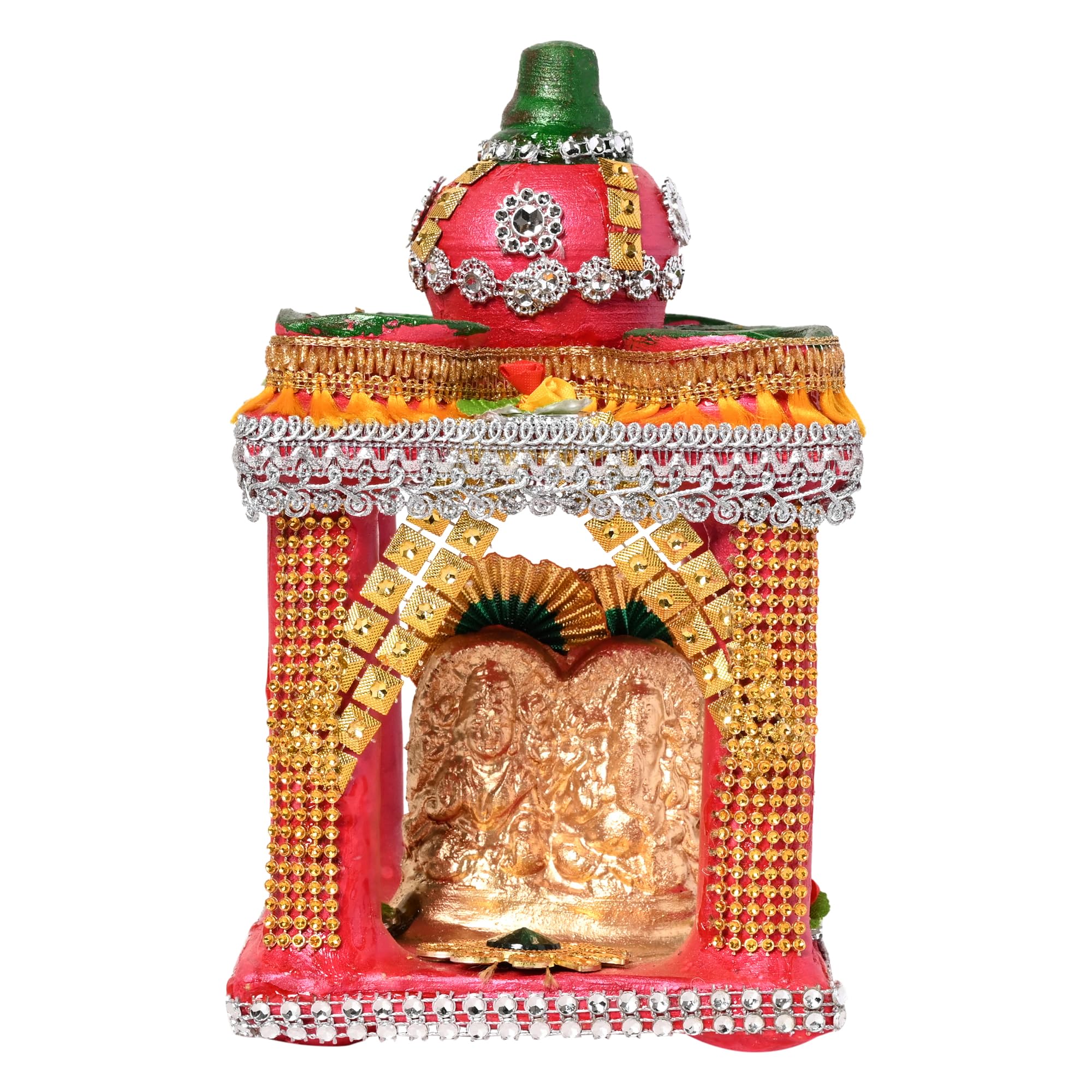 KSI Lakshmi Ganesh Temple for Diwali Puja with 4 Diyas on top, Made of Earthen Clay Lakshmi Ganesh Murti for Diwali Puja, 13 cm x 13 cm x 20 cm (LxWxH)