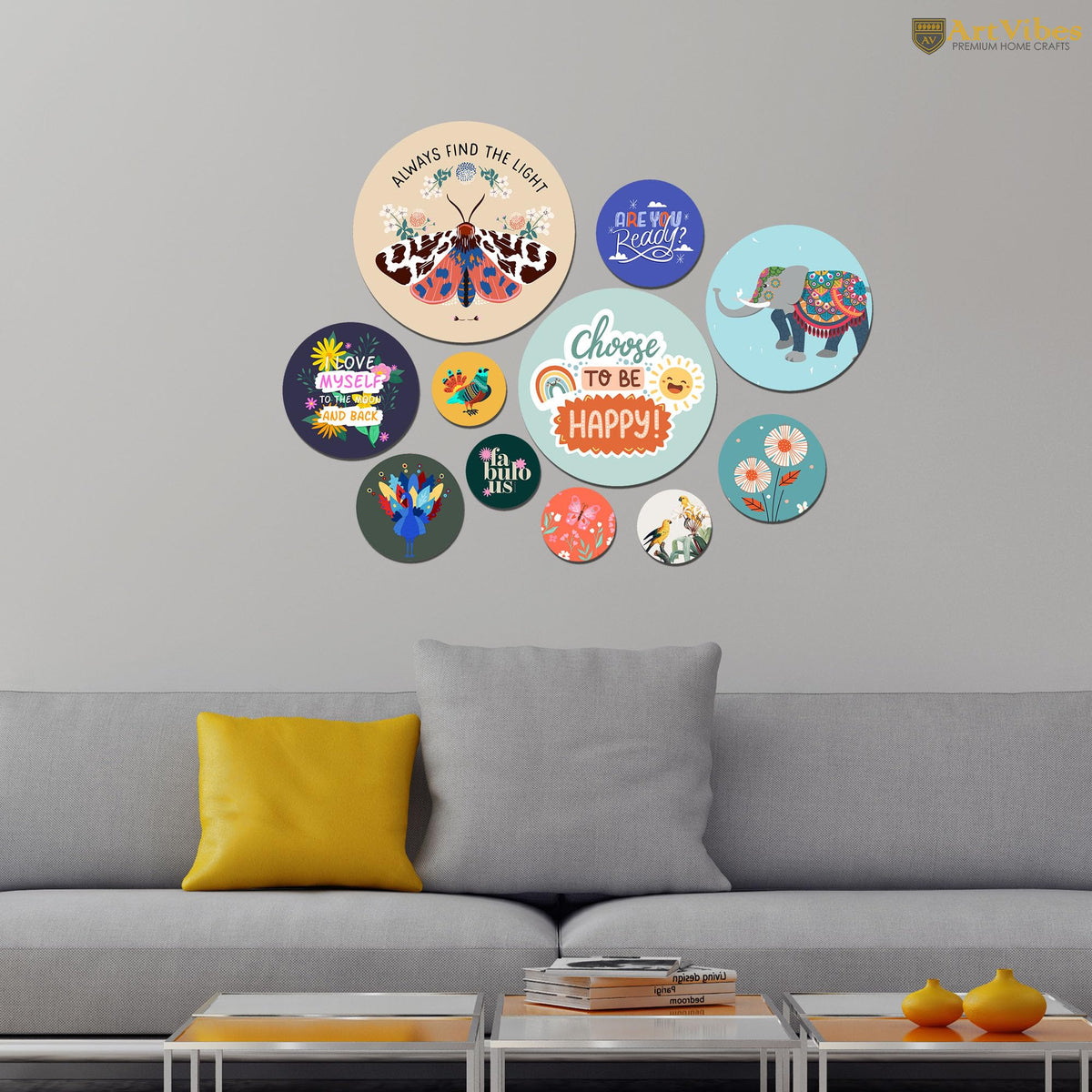 Artvibes Choose To Be Happy Decorative Round Shape MDF Wooden Wall Hanging | Quotes Decor Item | Wall Accent | Office Decoration Item | Inspirational Quotes Wall Art | Gift Items (WPS_139N), Set of 11