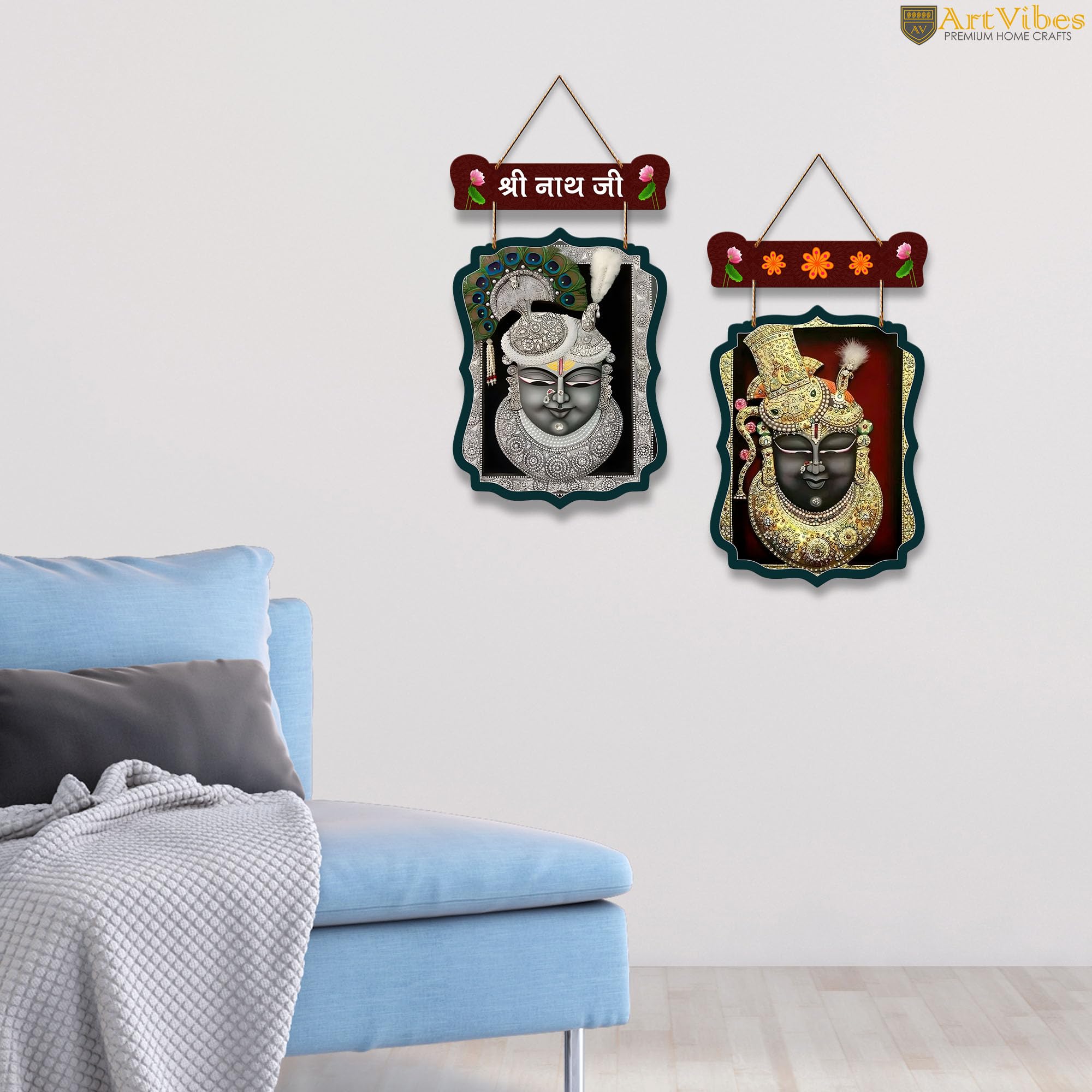 Artvibes Shri Nathji Pichwai Art Wall Hanging Home Decorative Wall Art for Prosperity | Religious Decor Items | Wall Illustrations| Stylish Modern Decor Item | Gift Items (WH_9711N), Set of 2