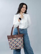 ZOUK Kovil Blue Abstract Printed Women's Jute Handcrafted Vegan Leather Brown Everyday Tote