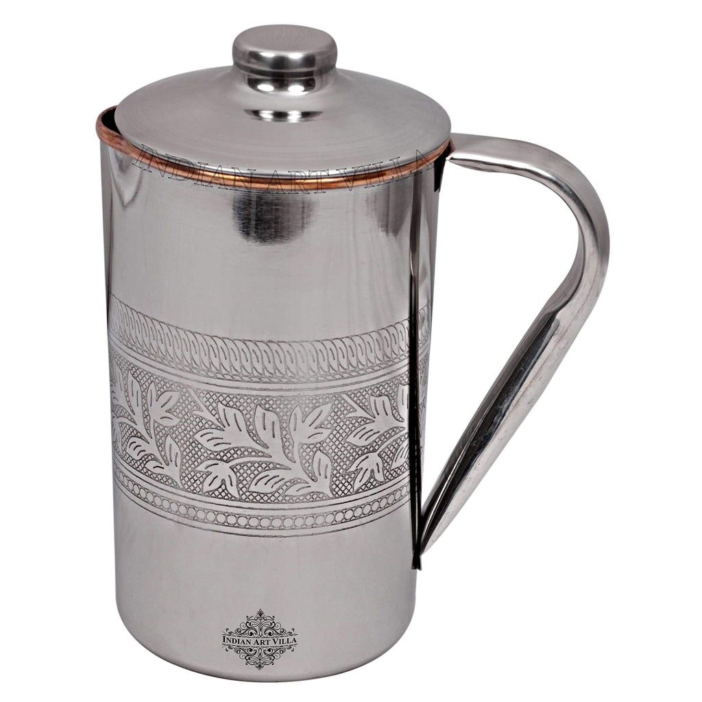 INDIAN ART VILLA Steel Copper Jug with Embossed Design, 2000 ml Drinkware & Serveware for Yoga and Daily Use