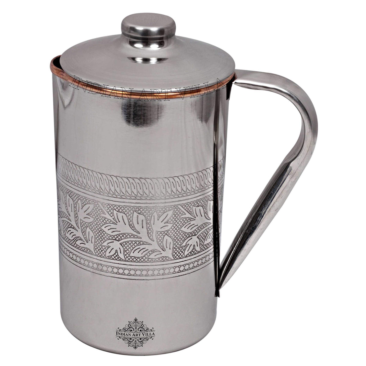 INDIAN ART VILLA Steel Copper Jug with Embossed Design, 2000 ml Drinkware & Serveware for Yoga and Daily Use