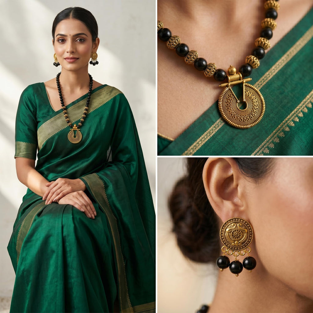 JFL - Jewellery for Less Gold Black Beaded Necklace Set for Women & Girls with Keyhole Pendant & Adjustable Length | Traditional Ethnic Jewellery | Ideal Gift for Valentine & Festive Occasion