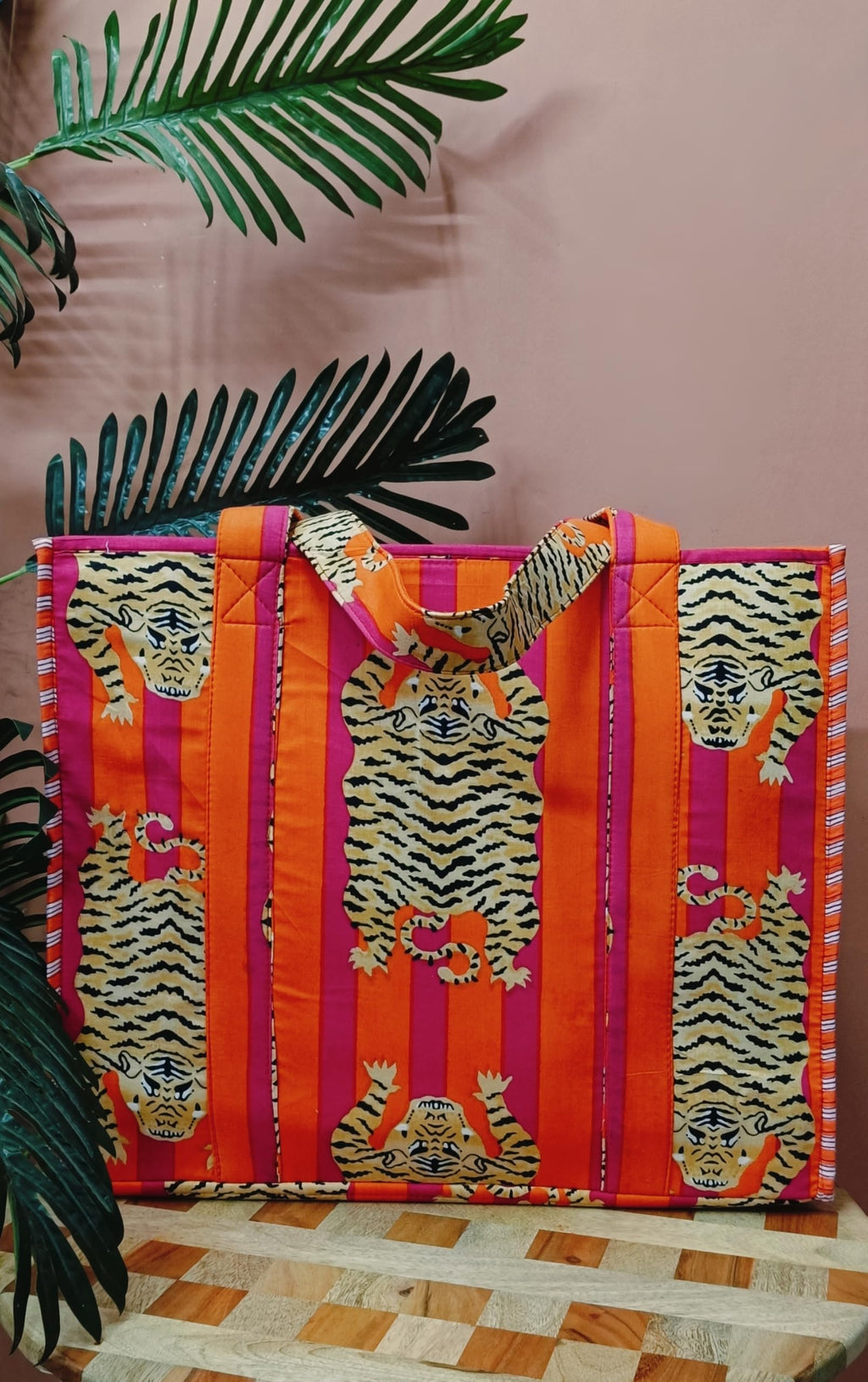 HOUSE OF GULAB Pink Orange Cotton Tote Bag Reusable Shopping Bag Printed Canvas Cloth Carry Bag with Long Handle for Women & Men Eco Friendly Grocery Storage Travel Bag 15x18 Inch (Pink & Orange)